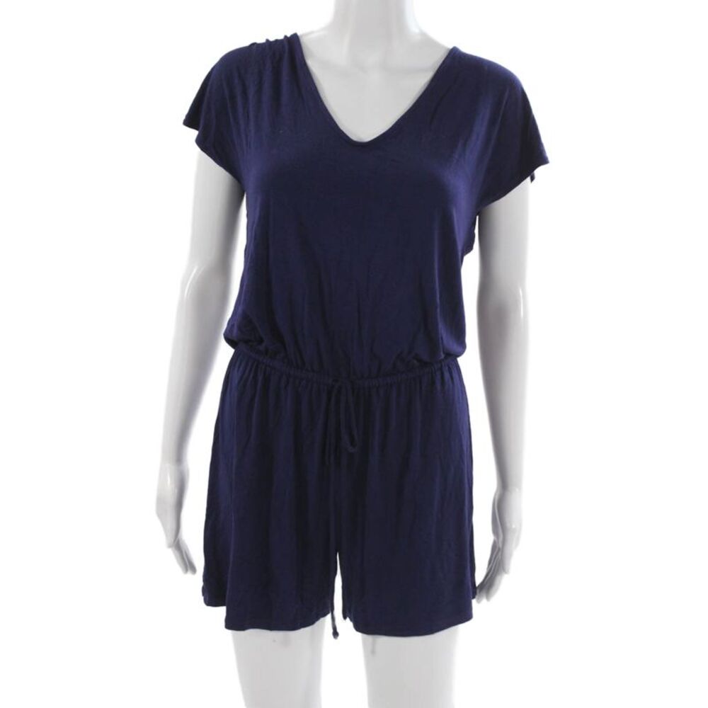 Krisa Women Dark Blue V Neck Short Sleeve Romper Size S